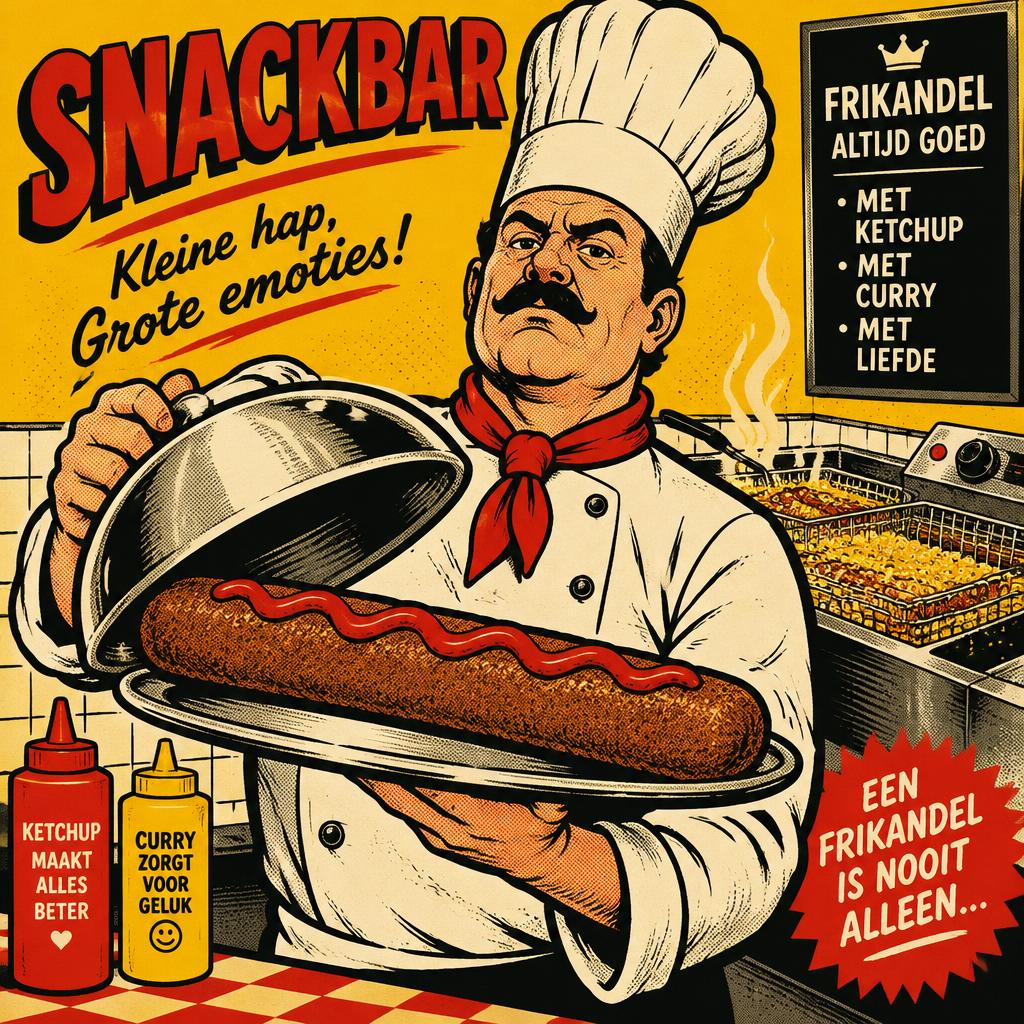 Een uiterst serieuze chef met een frikandel op een zilveren schaal